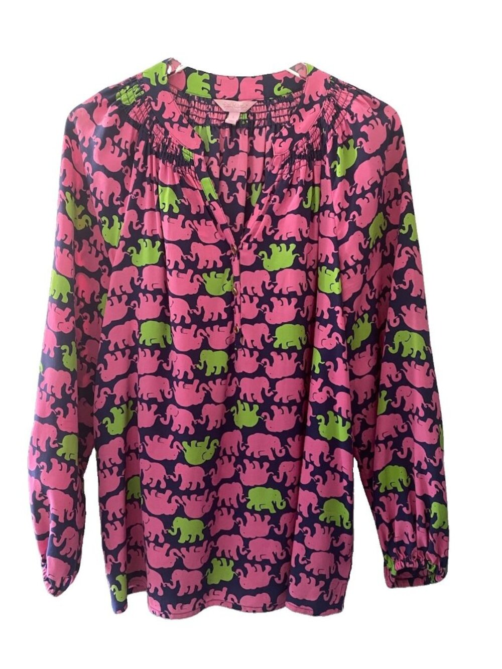 Lily Pulitzer Blouse Top Silk Pink Green Elephants Large V Neck Boho Novelty